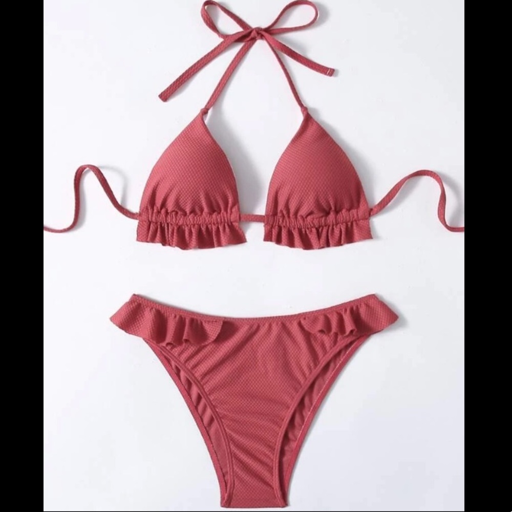 Halter string tie ruffle high cut bikini triangle